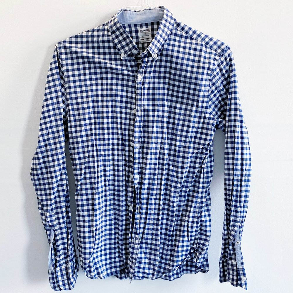 Bonobos Slim Navy White Gingham Check Shirt - M